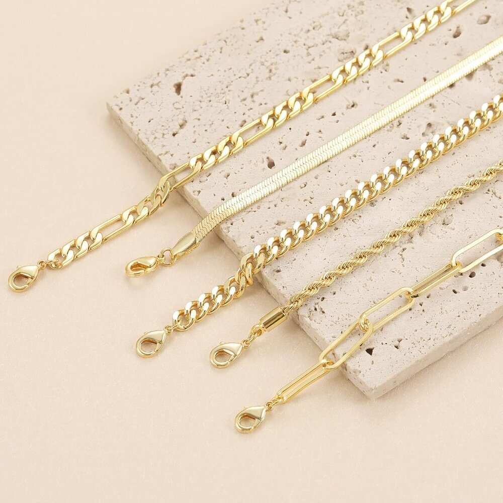Gold Bracelets - Real 14K Women's Cute Tennis Cubic Beaded Link Paperclip Dainty - Picture 3 of 8